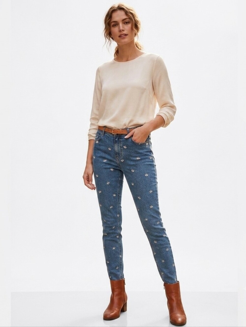 Boden Skinny Jeans Blue Denim White Bird Swallow Print Size 10 Long